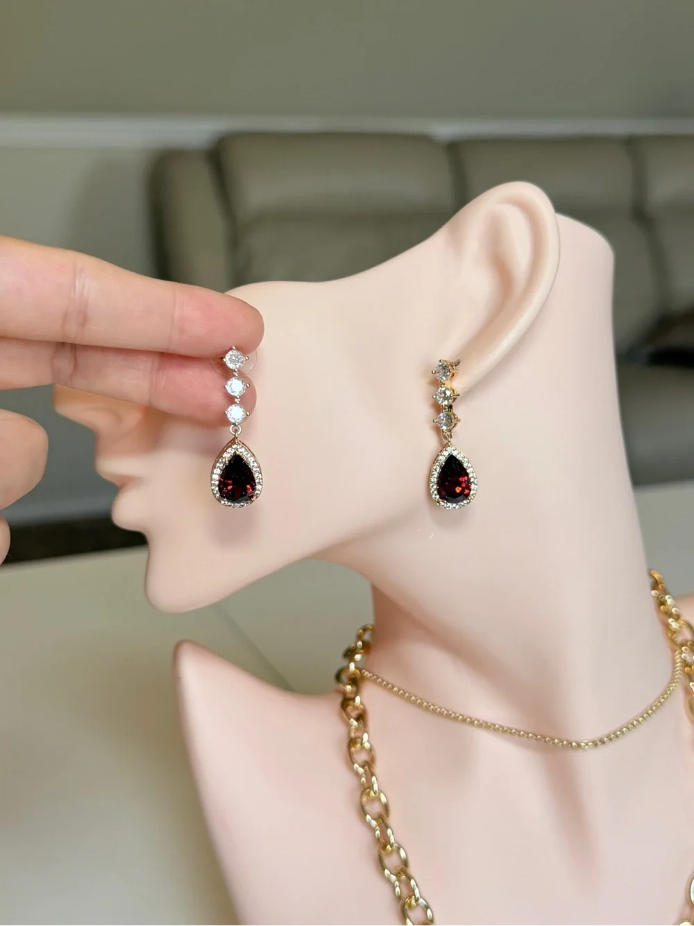 Gold Garnet Teardrop Drop Earrings with Zirconia